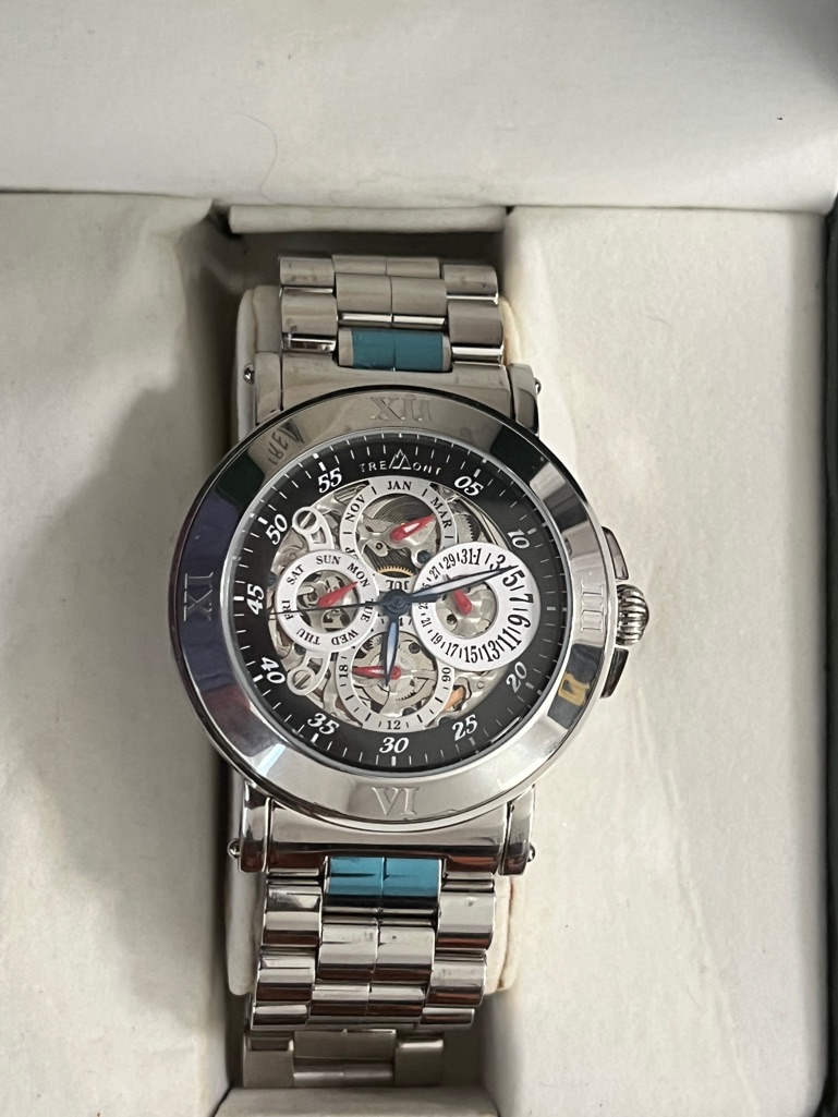 Tremont Automatic Skeleton Roman Numeral Stainless Steel Watch 30m DayDate Box